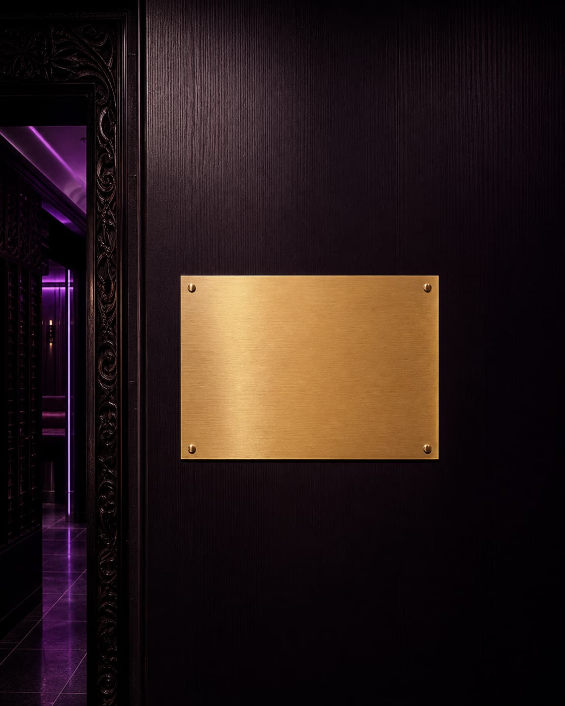 A GHOST OSAKA corridor lit with purple LEDs and a champagne-metal policy plate